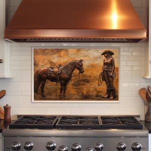 Dosseret en verre trempé cowgirl, cuivre, dosseret de cuisine derrière la cuisinière, dosseret en verre pour la cuisine, dosseret de poêle rustique, crédence