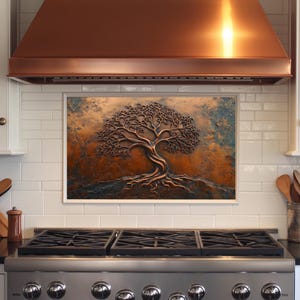 Dosseret en verre trempé Tree of Life, cuivre, dosseret de cuisine derrière la cuisinière, dosseret en verre pour la cuisine, dosseret de poêle rustique