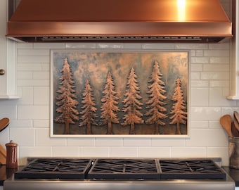 Szkło hartowane Copper Pine Tree, Panel kuchenny za kuchenką, Szklany panel kuchenny, Rustykalny panel kuchenny, Panel przeciwbryzgowy