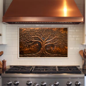 Dosseret en verre trempé Tree of Life, cuivre, dosseret de cuisine derrière la cuisinière, dosseret en verre pour la cuisine, dosseret de poêle rustique