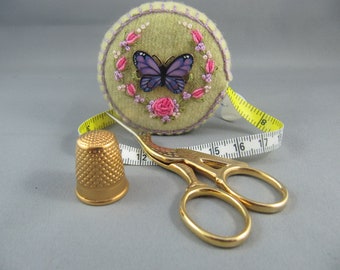 Tape Measure/Hand Dyed Wool/Embroidery/Charm/ Sewing Accessory/Embroidered Tape measure/Butterfly Tape measure