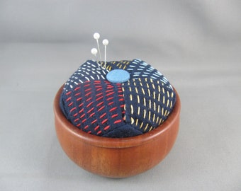 Pincushion/Japanese Style/Wooden base/Sashiko style /Sewing Pin Cushion/Embroidered