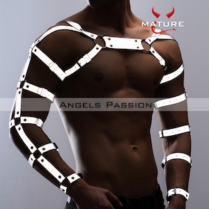 Men's Reflective Chest Shoulder and Arm Harness, Male Chest Harness, Clubwear, Rave Clothing, Men's Harness, Arm Harness, Mens Chest Rig,