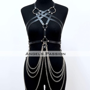 Silver Chain Harness, Body Chain Harness, Goth Festival Accessory, Lingerie Chest Strap, Edgy Pole Dance Wear, Adjustable Leather