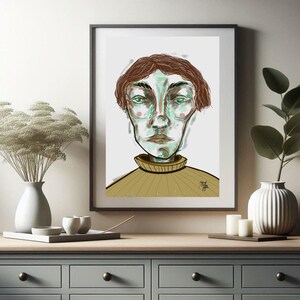 May include: A digital illustration of a person with brown hair wearing a light brown turtleneck sweater. The person has a light green face with brown eyes and a light brown nose. The background is white.