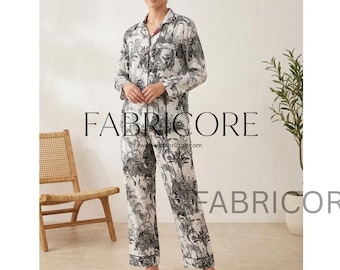 Katoenen damespyjama met botanische print, zwart-witte nachtkleding Loungewear