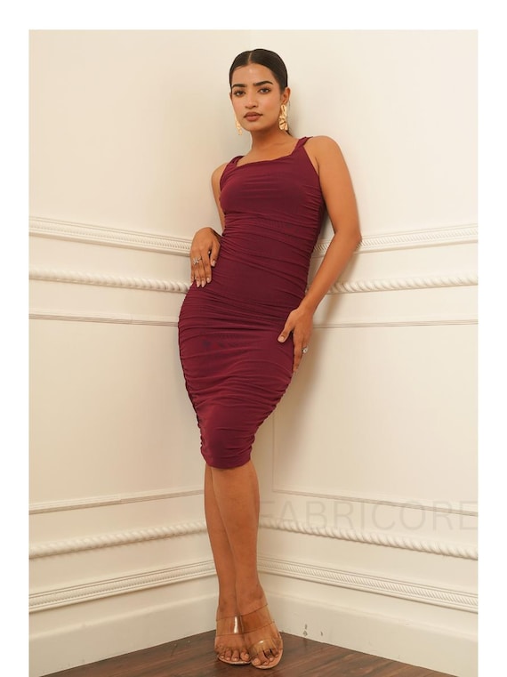 Burgundy Square Neck Ruched Midi Dress, Elegant Bodycon Evening Gown