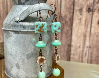 Turquoise and brown flower handcrafted earrings #0219-e19