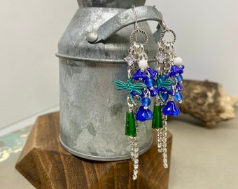 Crystal chain bluebonnets with dragonfly handmade earrings.  Item #0324-e31