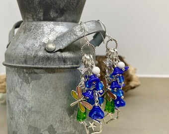 Bluebonnet pink and yellow dragonfly earrings.  Handcrafted. Item #0324-e30