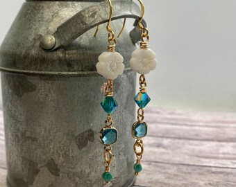 Snow White and blue handcrafted flower earrings.  Item #0523-85