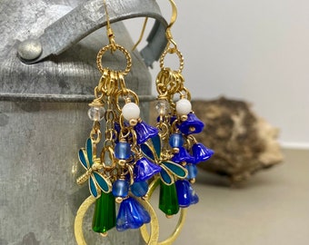 Geometric gold dragonfly bluebonnet earrings.  Item #0324-e29