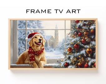 May include: A framed digital art print featuring a golden retriever wearing a Santa hat and scarf, looking out a window at a snowy winter scene. A decorated Christmas tree is visible. The text "FRAME TV ART" is at the top.