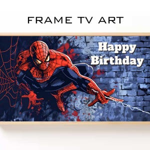 Op de afbeelding: Een verjaardagsbanner met een rood en blauw Spiderman-personage met een webdesign en de tekst "Happy Birthday" in wit.