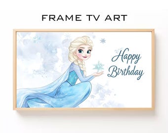 Elsa Birthday Frame TV Art Magical Birthday Party Decor, Watercolor Happy Birthday Digital Download for Kids Party, TV image