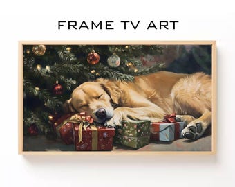 May include: A framed digital art print for a TV screen. The image features a sleeping golden retriever dog resting near a Christmas tree and wrapped gifts. The text "FRAME TV ART" is at the top.