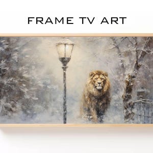 May include: A painting of a lion standing in a snowy forest with a street lamp in the background. The lion is looking directly at the viewer. The painting is framed in a light wood frame.