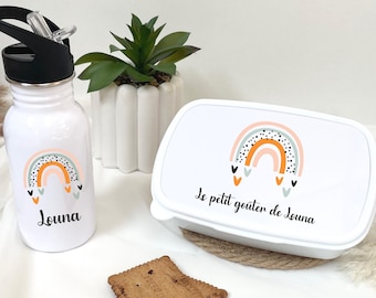 Personalized children&#39;s water bottle and snack box, back to school, children&#39;s picnic, travel, first name water bottle, children&#39;s lunch box, school gift