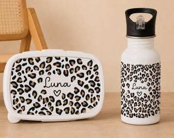 Botella de agua y fiambrera personalizadas con estampado de leopardo para niños - Regalo de vuelta al cole para niñas, botella de agua para campamento de verano, kit para guardería, fiambrera