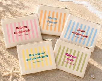Trousse maîtresse personnalisé, cadeau remerciement nounou, cadeau merci maîtresse, cadeau nounou personnalisé, trousse à rayures atsem