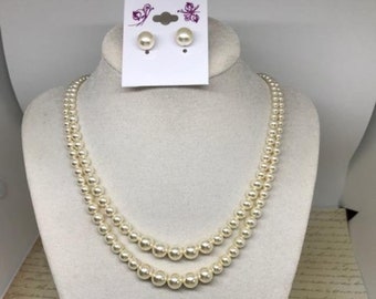 Pearl necklace Earring set,2 strand pearl, graduated pearl, Crown Pearl Necklace,Queen Elizabeth,Vintage Style Jewelry,Bridal necklace PN069