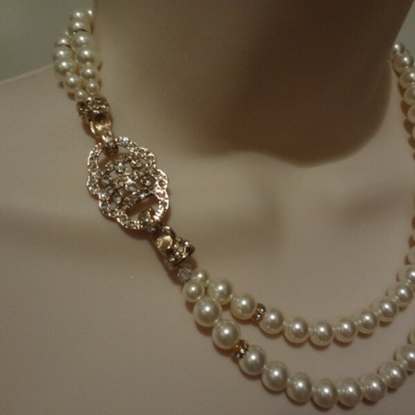 Taylor sones only rhinestone and pearl necklace and earrings, bridal pearl earrings, vintage inspired earrings, round rhinestone earrings