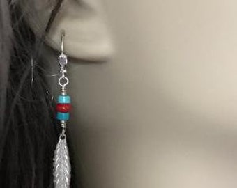 Long silver feather, western earrings, Coral - Turquoise dangle earrings