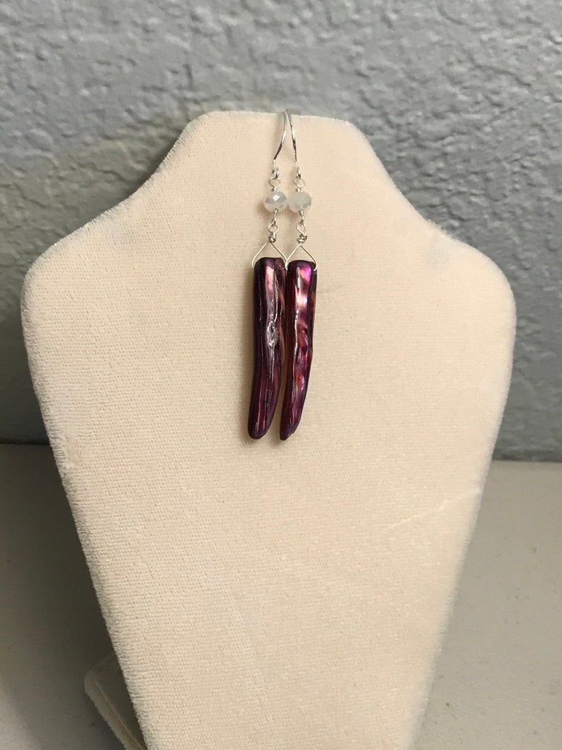 Long shell earrings, purple shell earrings, purple earrings, silver earrings, beach jewelry, gifts for her, dangle earrings image 4