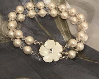 2 strand Pearl Bracelet, Swarovski Pearl Cuff, Mother of Pearl bracelet, wedding Bracelet, pearl flower, bridal bracelet