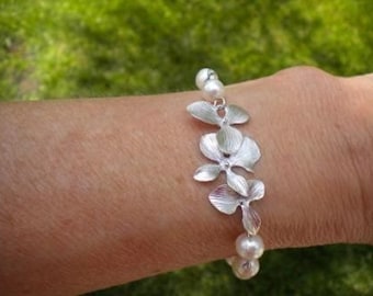 Bridal Pearl Bracelet Romantic Pearl and Gold or Silver Orchid Flower Bridesmaid Bracelets