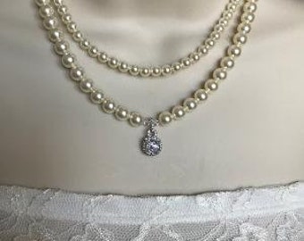 Double strand, Pearl Wedding necklace, Bridal Pearl necklace, CZ drop, 2 strand bridal necklace, Swarovski pearl, Princess cut cz