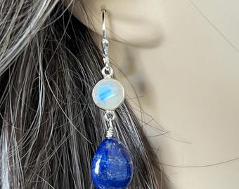 Lapis lazuli blue teardrops with rainbow moonstone on sterling silver dangle earrings
