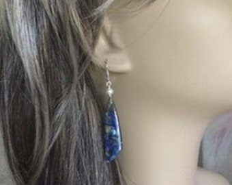 Boho long Lapis Earrings; Sterling silver earrings; Geometric earrings; Long earrings; Statement earrings; Freshwater pearl earrings