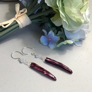 Long shell earrings, purple shell earrings, purple earrings, silver earrings, beach jewelry, gifts for her, dangle earrings image 1