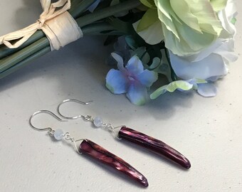 Long shell earrings, purple shell earrings, purple earrings, silver earrings, beach jewelry, gifts for her, dangle earrings