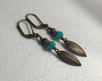 Long Brass Feather Earring - blue glass & brass earring, long dangle Feather Earring - Gift for her