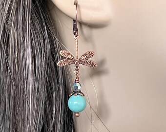 Antique Copper Dragonfly Earrings, Turquoise Gemstone Dangle Nature Jewelry