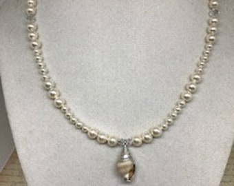 Pearl and crystal bridal necklace with shell, destination beach wedding jewelry, shell necklace with sterling silver chain