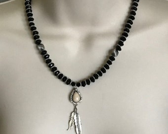 Black Onyx faceted gemstone necklace with sterling silver feathers