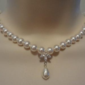 Pearl wedding necklace, pearl drop necklace, pearl bridal jewelry, crystal bridal necklace, Y shape necklace