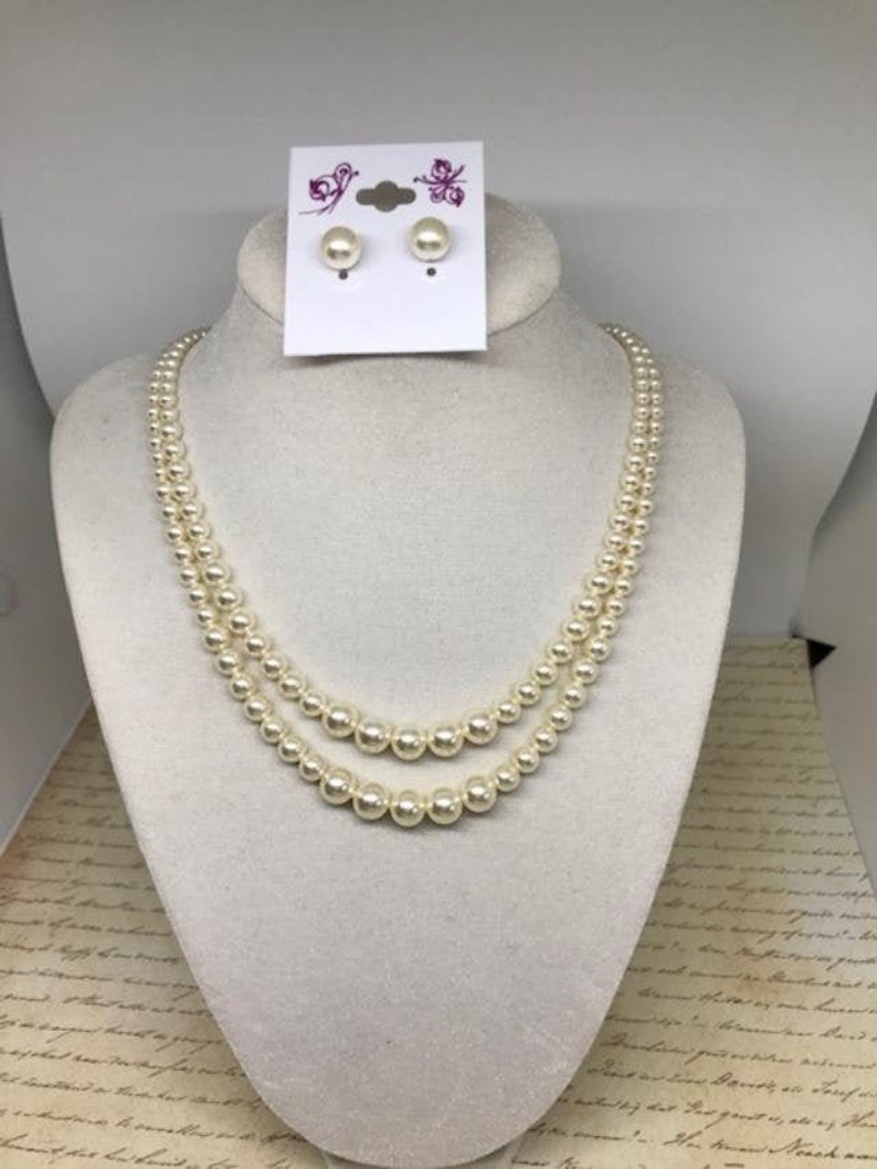 Pearl necklace Earring set,2 strand pearl, graduated pearl, Crown Pearl Necklace,Queen Elizabeth,Vintage Style Jewelry,Bridal necklace PN069 image 1