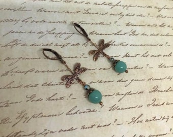 dragonfly earrings, antique copper dragonfly, turquoise earring, insect jewelry, dangle earring, long earring, gift for her