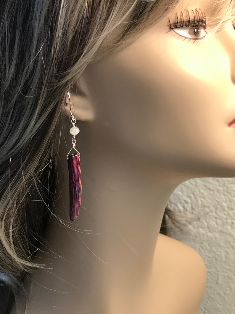 Long shell earrings, purple shell earrings, purple earrings, silver earrings, beach jewelry, gifts for her, dangle earrings image 2