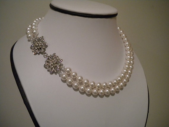 Items similar to Double Strand Rhinestone and Pearl Necklace Bridal ...