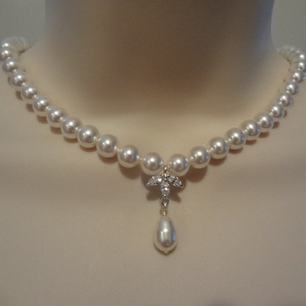 Pearl wedding necklace, pearl drop necklace, pearl bridal jewelry, crystal bridal necklace, PN068
