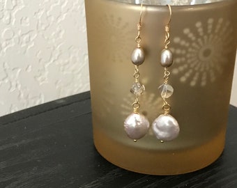 Long champagne pearl earrings, gold filled earrings, long crystal dangle earrings