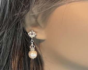 Art Deco CZ Pearl Bridal Earrings, CZ dangle with pearl,  Stately earrings, Vintage Crystal Jewelry, Wedding Rhinestone earrings