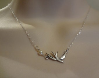 Tiny dove necklace, silver dove, Swarovski pearl necklace, sterling silver necklace, dove pendant, gift for her- FN004