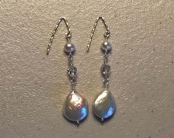 White pearl earrings on sterling silver, Long crystal and pearl earrings, long dangle earrings