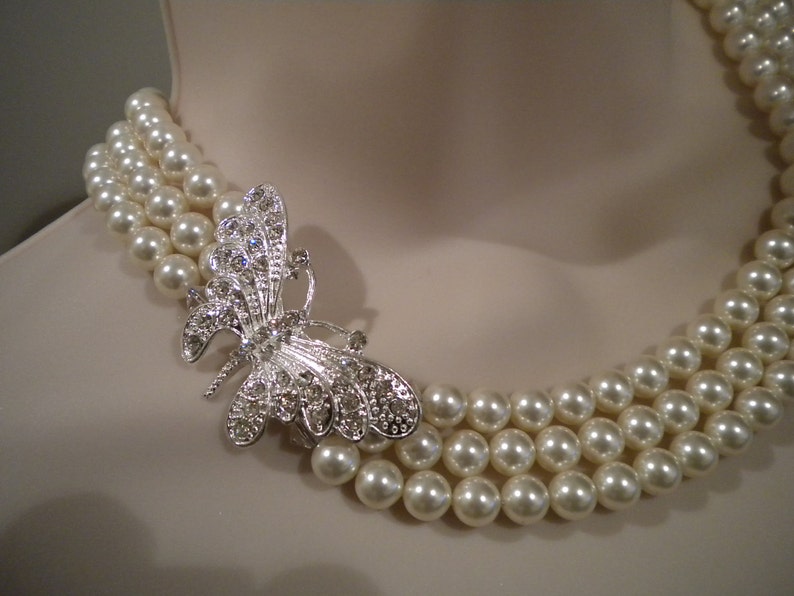 Butterfly Necklace Bridal Pearl Necklace with Rhinestone Etsy